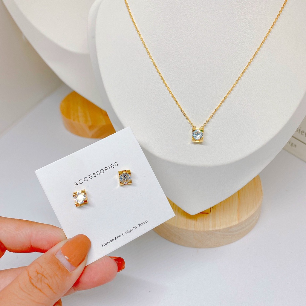 Bộ Trang Sức Bông Tai Và Dây Chuyền Nữ Titan Ko Đen Mặt Vuông Đính Kim Cương Nhân Tạo TT 4076