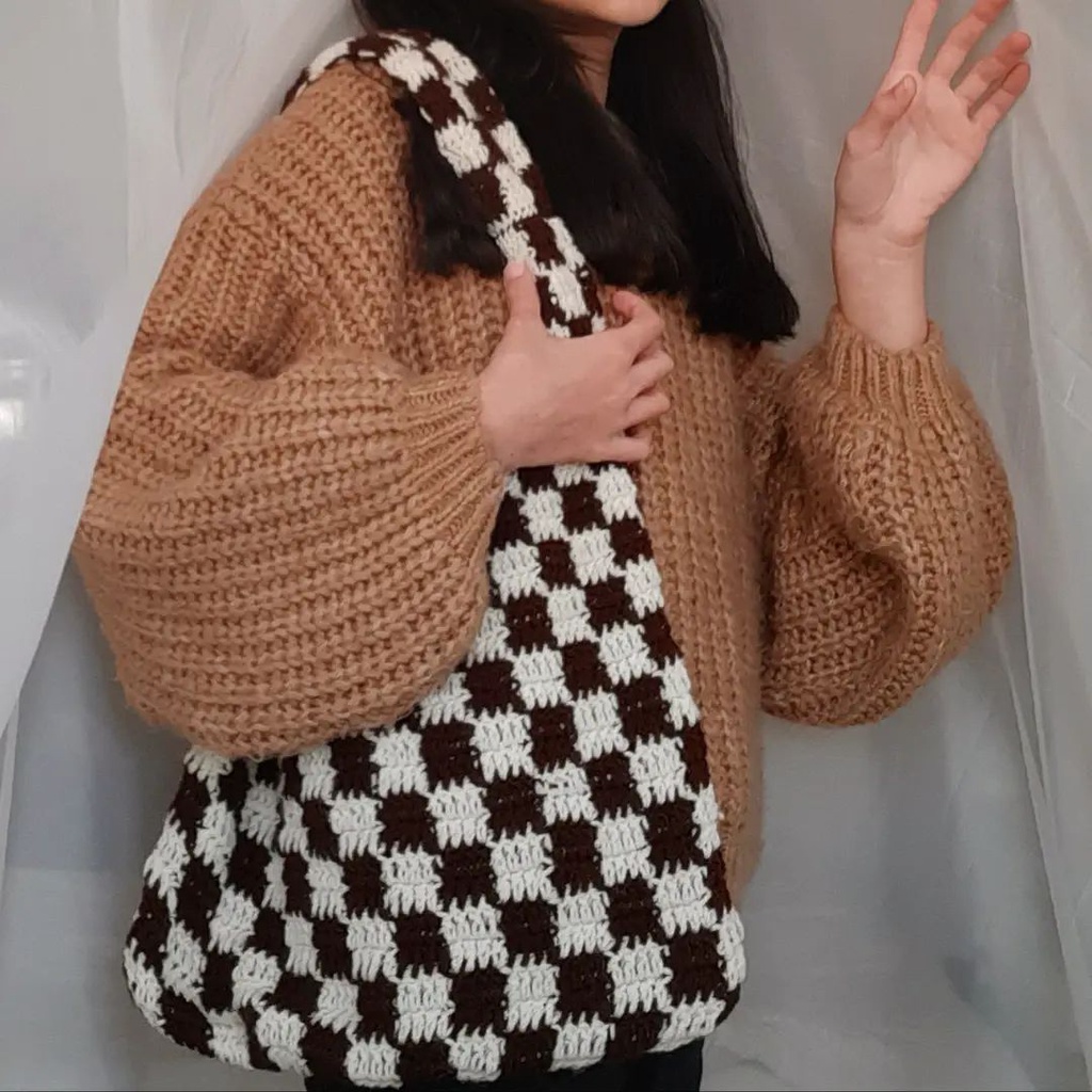 Túi len caro 2 màu handmade - Checkered Handbag 2 size