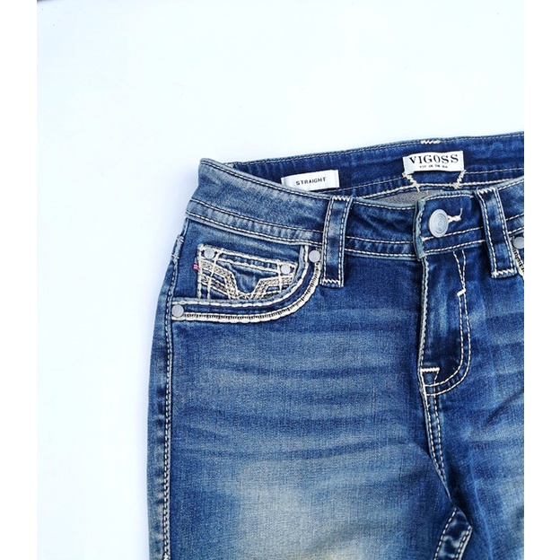 Quần Jeans Nữ Ống Đứng Straight VIGOSS Màu Xanh Khói Đẹp Họa Tiết Thêu Độc Đáo - Hàng Chuẩn Xịn