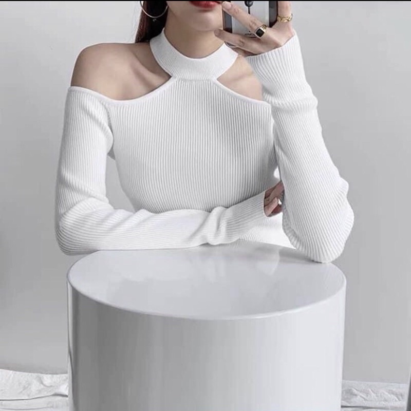 Áo Kiểu Trễ Vai Đen Trắng Trơn Style Shirt Dáng Ôm