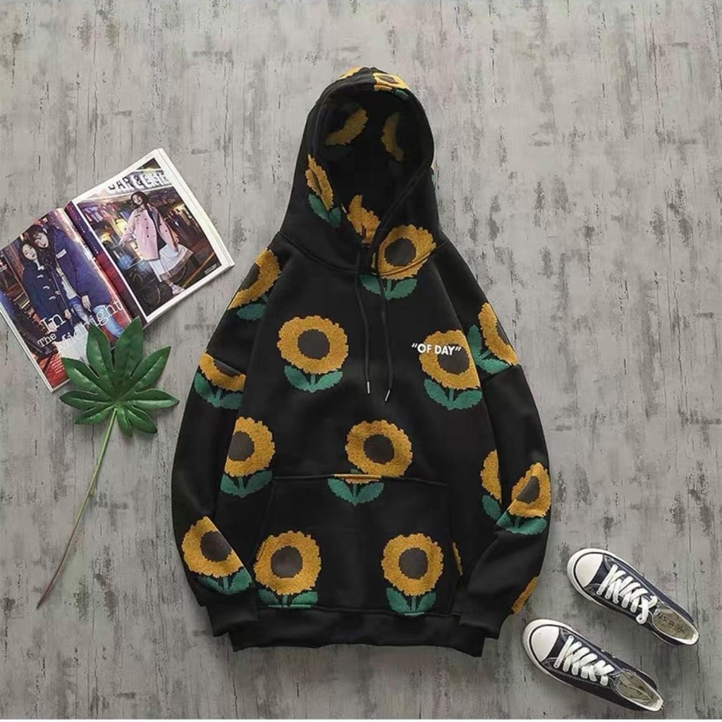 Áo hoodie nam nữ hoa cúc hàng độc 2 màu be, đen cực đẹp