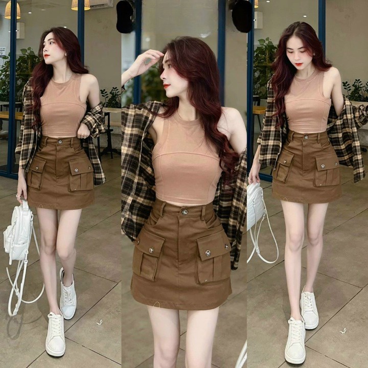 Sét váy 3 món kèm áo khoác sơ mi caro đi chơi, dự tiệc Linhnastore