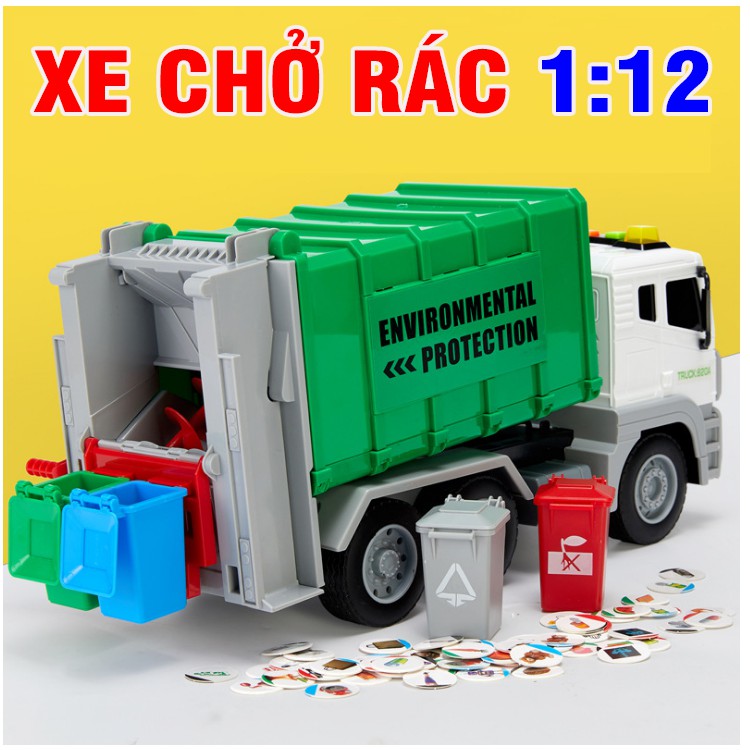 Xe ô tô chở rác cỡ lớn đồ chơi trẻ em nâng được thùng rác có đèn và âm thanh tỉ lệ 1:12