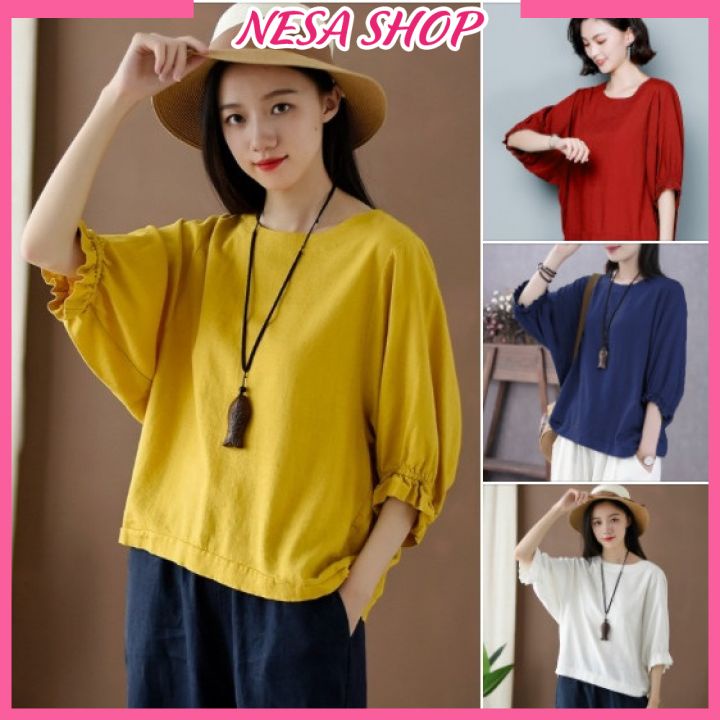 Áo sơ mi nữ kiểu tay lỡ form rộng Cánh Dơi, NeSa Shop, chất liệu Đũi tơ thấm mồ hôi, áo kiểu phong cách Hàn Quốc, AKH.45