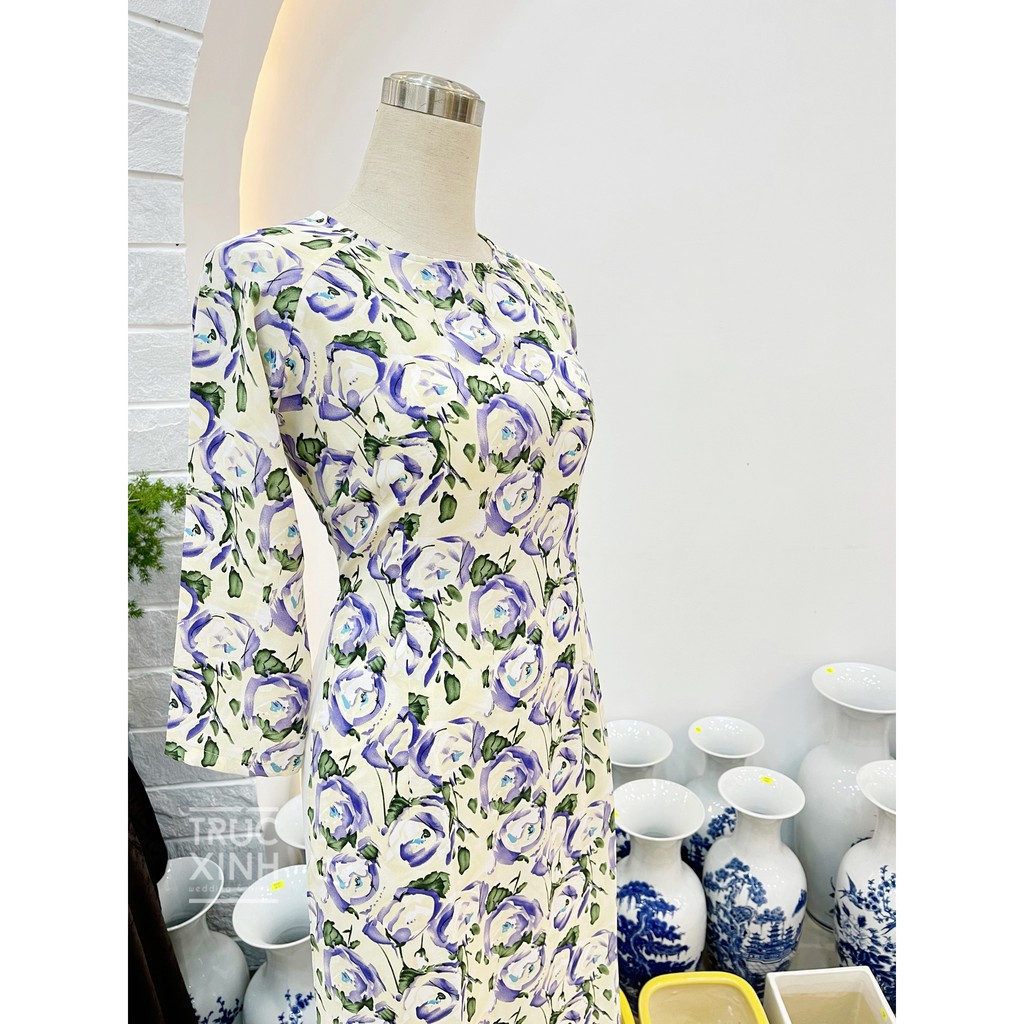 Áo dài hoa tím - Áo dài họa tiết lồng chim vintage