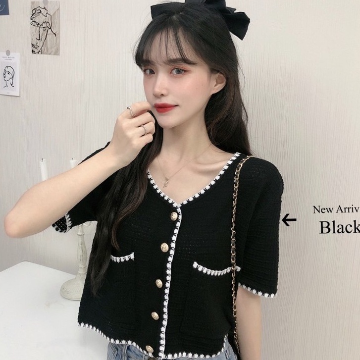 Áo Cardigan Dệt Kim Mỏng Dáng Rộng Tay Ngắn Màu Sắc Tương Phản Thời Trang Mùa Hè Cho Nữ