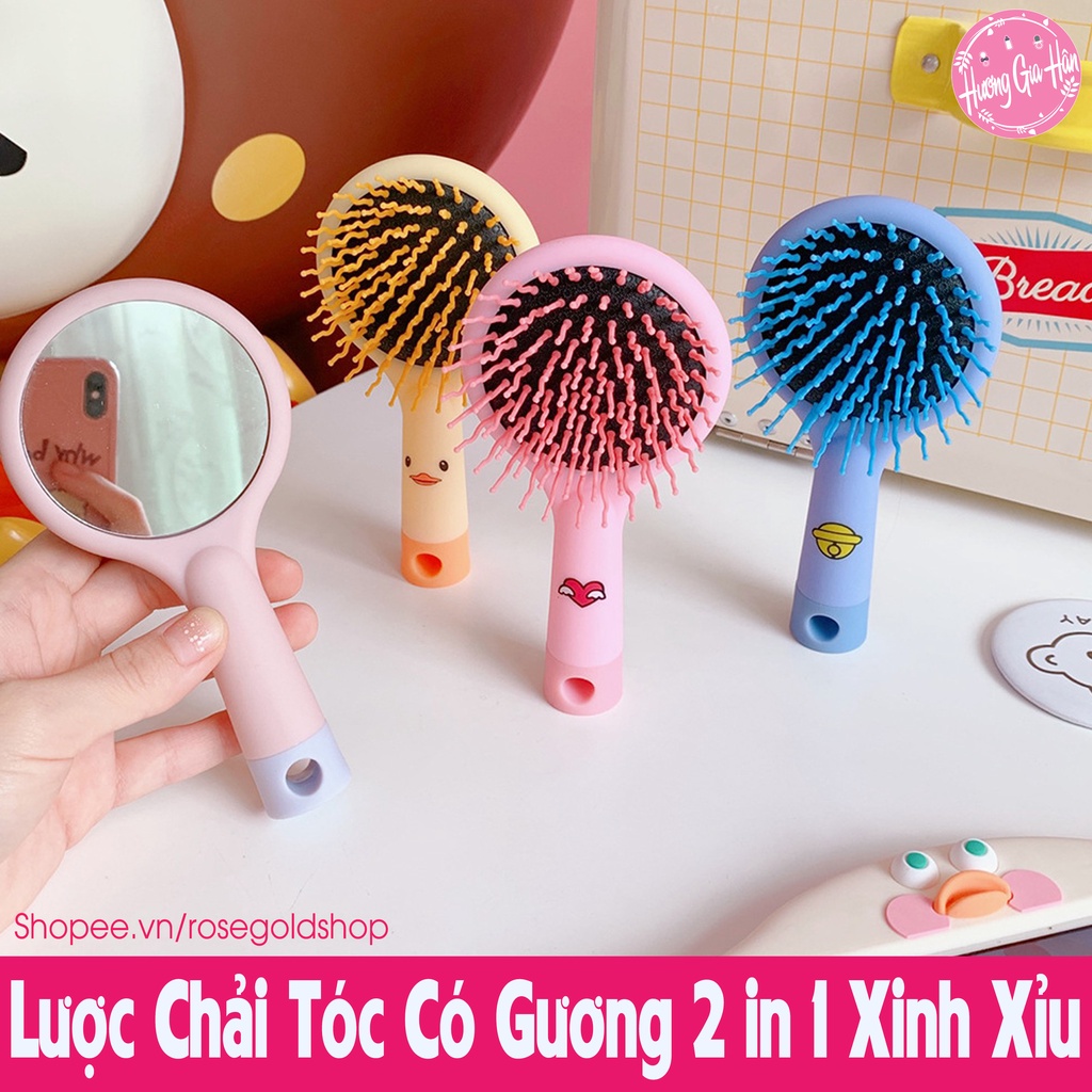 Lược Chải Tóc Massage Đầu Kèm Gương 2 in 1 Hoạt Hình Nhiều Mầu Xinh Xắn Cho Bạn Gái