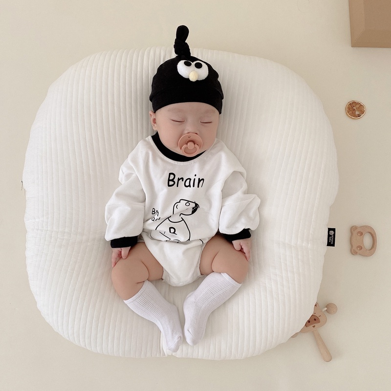 Bộ áo liền quần tay dài + nón vải cotton dễ thương thời trang mùa thu dành cho bé