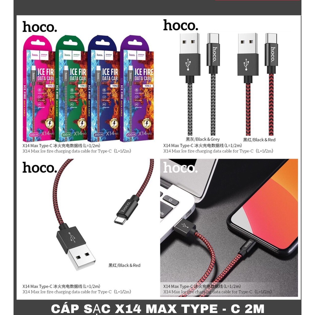 Cáp Sạc Nhanh TYPE C Hoco X14 MAX Cho Android Dây Dù 1M Chống Đứt - BH 6 tháng  - Hưng Long PC