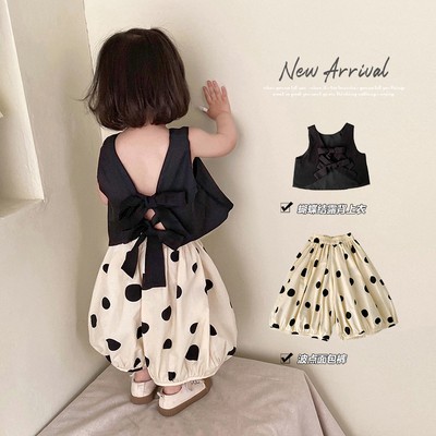 Set Áo Thắt Nơ Lưng + Chân Váy Chấm Bi Phong Cách Hàn Quốc Cho Bé Gái