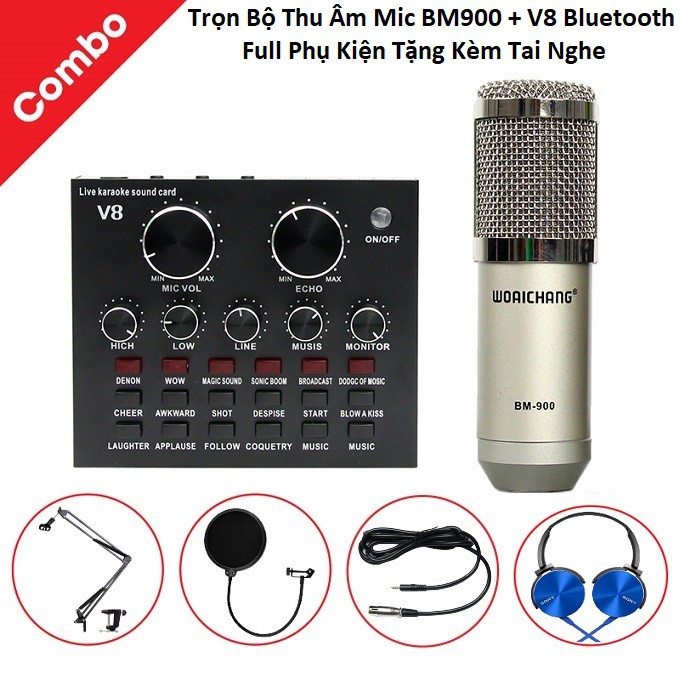 ComBo Đủ Bộ Soundcar V8 - Mic BM 900 - Giá Kẹp - Màng lọc - Tặng Tai Nghe Kiểm Âm 2020