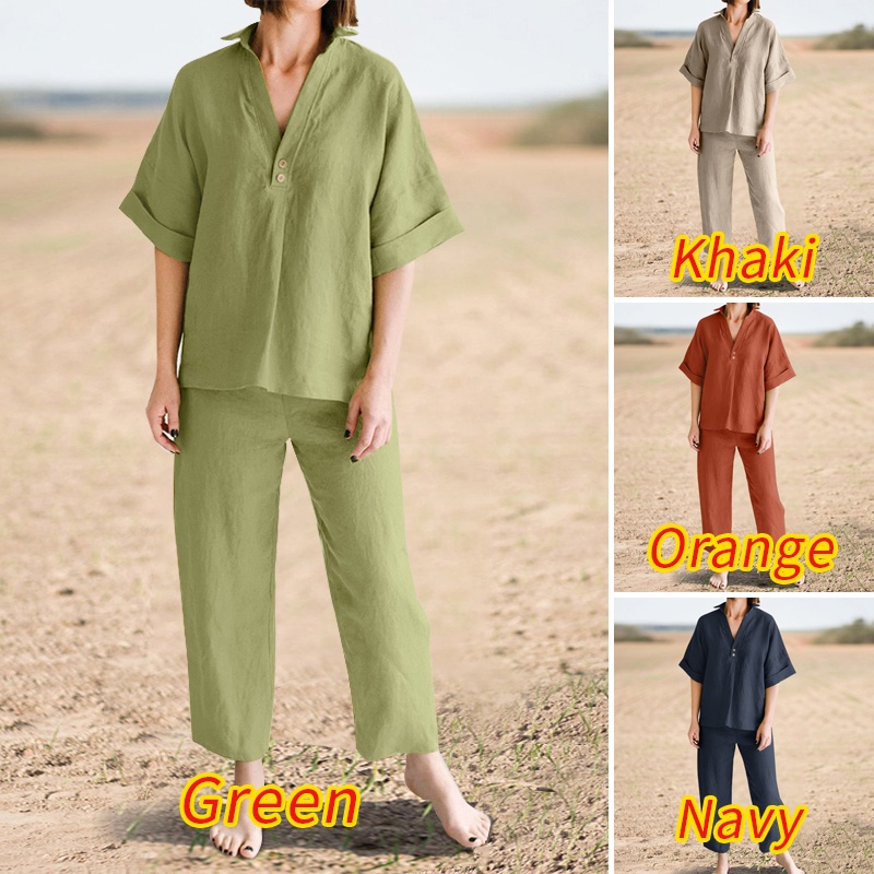 Bộ đồ Zanzea gồm áo sơ mi tay ngắn cổ bẻ và quần dài ống rộng màu trơn sành điệu cho nữ