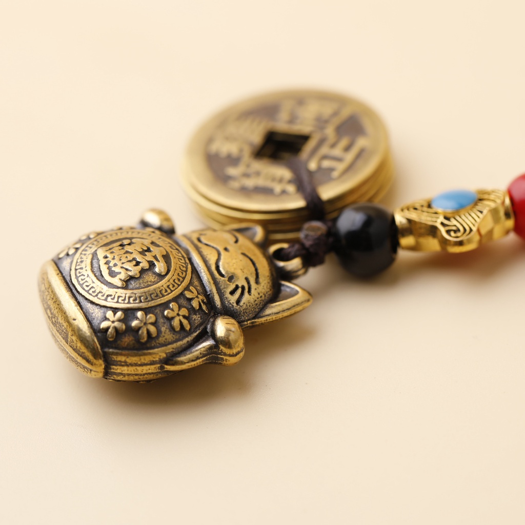 Móc Khóa Đồng Thau Kiểu Dáng Mèo May Mắn Dây 5 Đồng Xu Đem Lại May Mắn Chiêu Tài Lộc