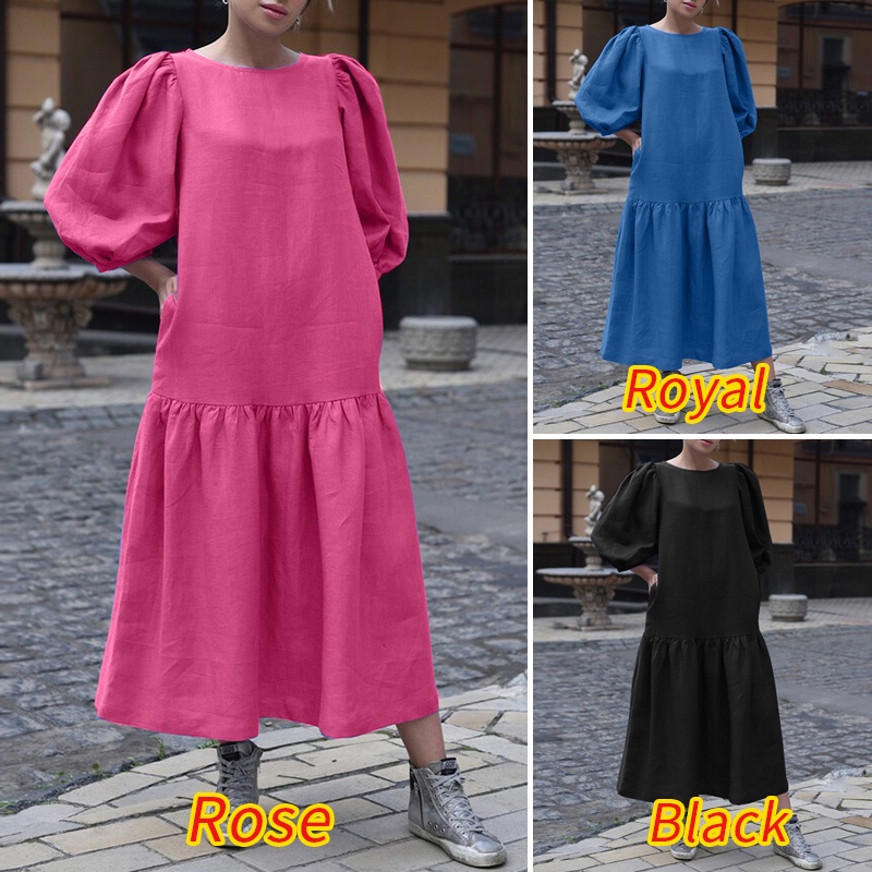 Đầm maxi ZANZEA cổ tròn tay 3/4 dáng rộng màu trơn phong cách hoài cổ thời trang cho nữ