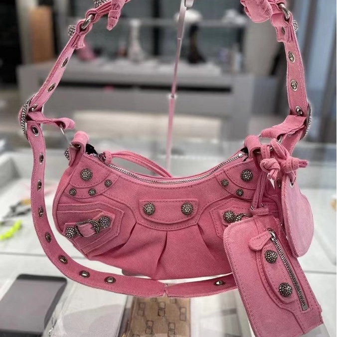 Túi Denim Hình Trái Tim Đính Kim Cương Lấp Lánh Siêu Sáng Bóng Cho Xe Máy