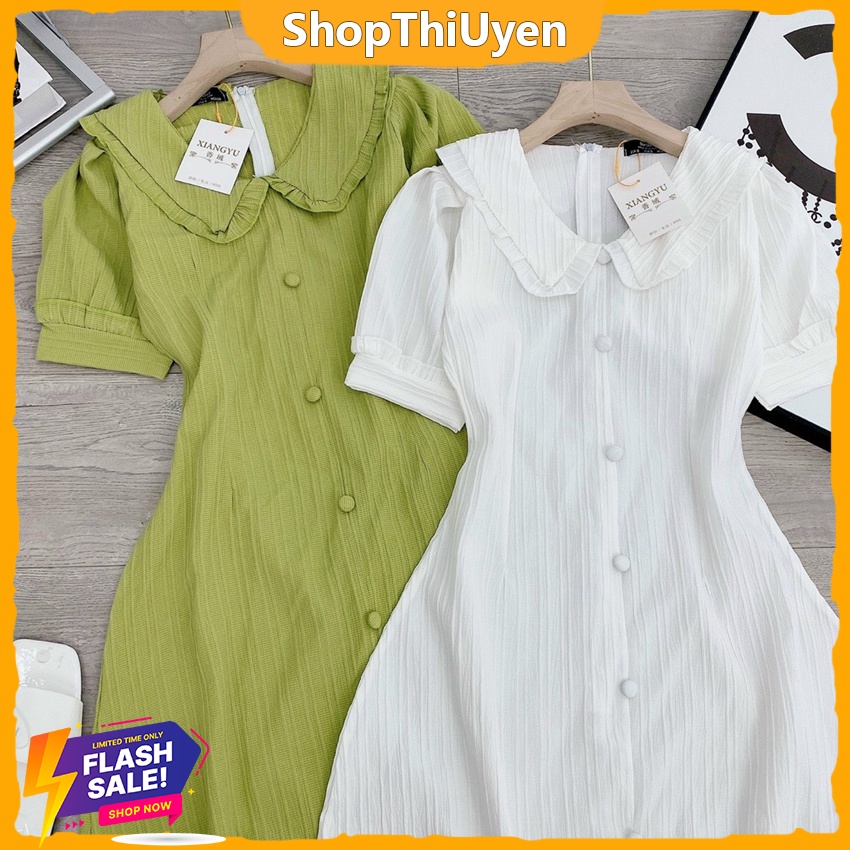 Đầm chất vải kate lụa cổ V tay ngắn dáng ôm suông xẻ tà 2 màu xanh trắng