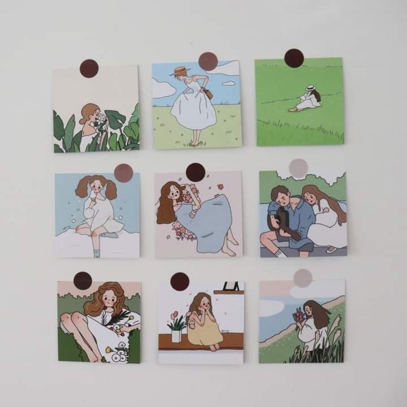 [TIỆM ĐÀO] SET 9 CARD DECOR HAI MẶT HÌNH CÔ GÁI