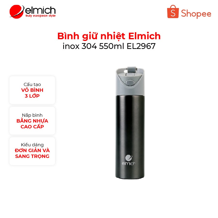 [Mã LIFECPMALL giảm 12% đơn 250K] Bình giữ nhiệt Elmich inox 304 550ml EL2967