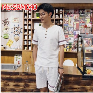 Set bộ đồ thể thao nam phối viền thổ cẩm cổ V đính nút