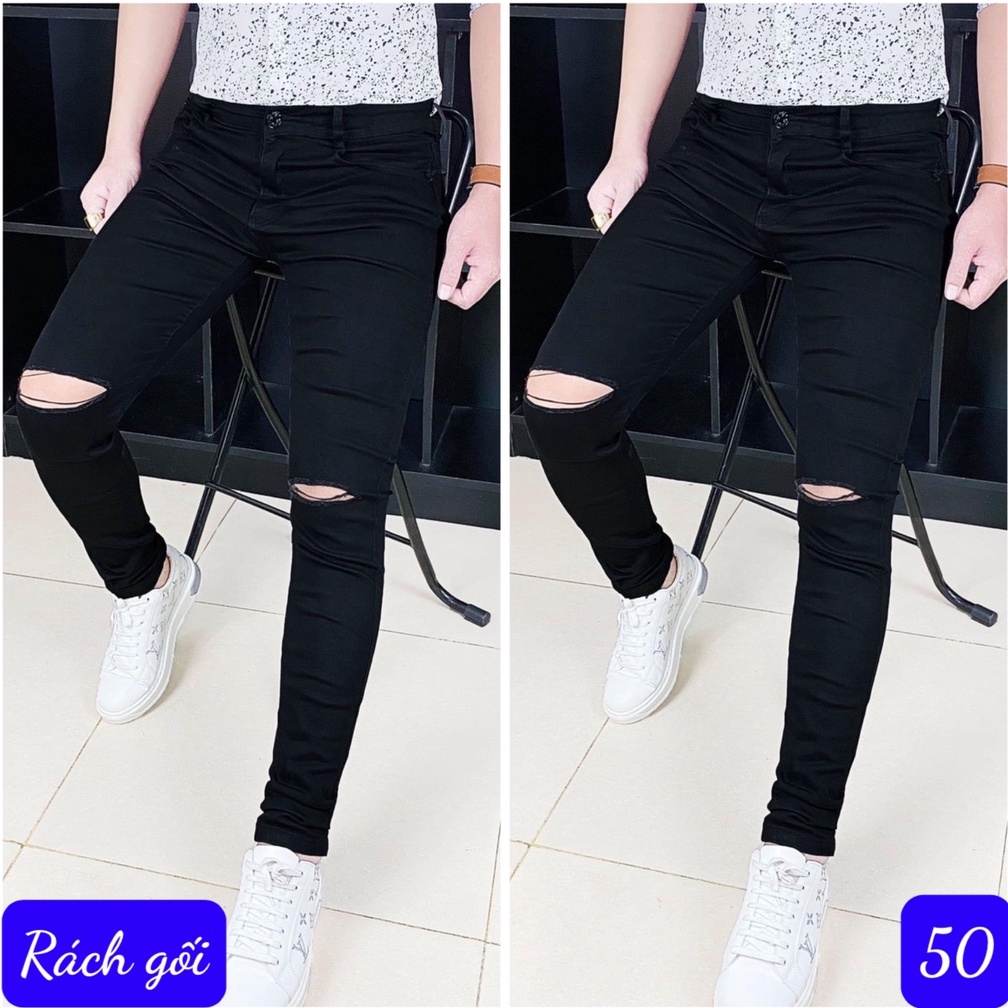 Quần jean nam đen rách gối chất bò cao cấp co dãn 4 chiều cực đẹp, quần rin nam màu đen trơn không rách đẹp Annhien01 | BigBuy360 - bigbuy360.vn