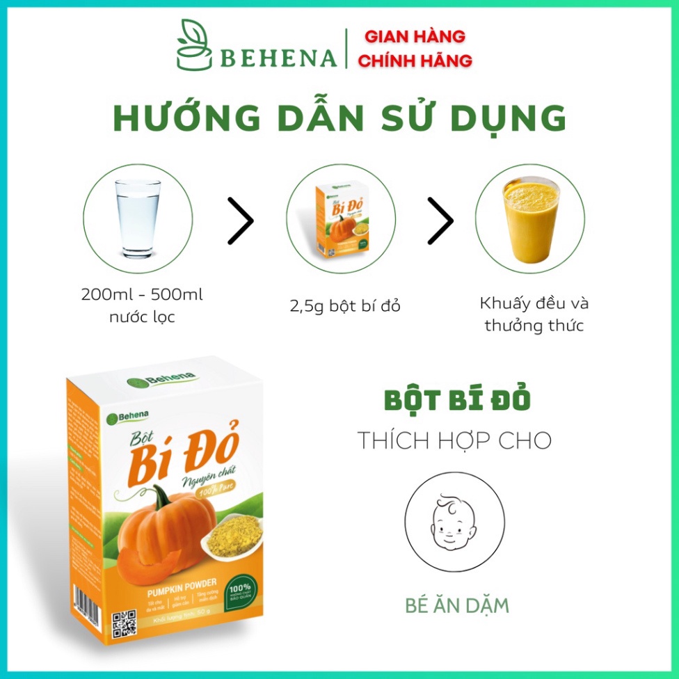Bột Bí Đỏ  Behena 50g, Bột Rau Củ Cho Bé Ăn Dặm, Tăng Cường Sức Đề Kháng, Bổ Sung Rau, Vitamin
