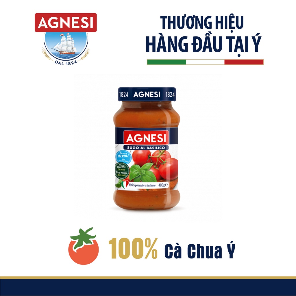 Sốt cà chua húng quế Basilico Agnesi Ý 400g, 100% cà chua Ý