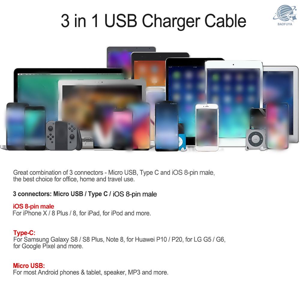 BF TOMTOP 3.9FT Multi Charger Cable USB Charging Line Data Sync Wire 3 In 1 iOS 8-pin male+Type C+Micro USB Connector for iPhone iPad Samsung Huawei 