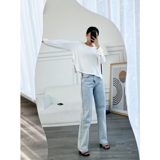 Quần jean nữ cạp cao ống suông chất đẹp lai xé tự nhiên thời trang GAGO GO3777