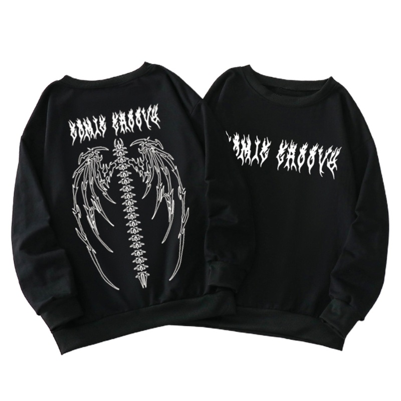 Áo sweatshirt/ Áo hoodie tay dài dáng rộng mặc chui đầu in họa tiết xương đôi cánh quỷ cá tính thời trang unisex