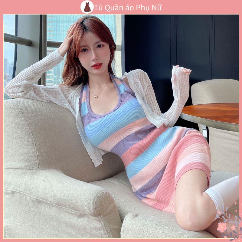 Đầm Váy Dệt kim Đầm Hai Dây Kèm Áo Khoác Cardigan Mỏng Chống Nắng Bằng Silicon Băng Cho Nữ Tuổi Trung Niên