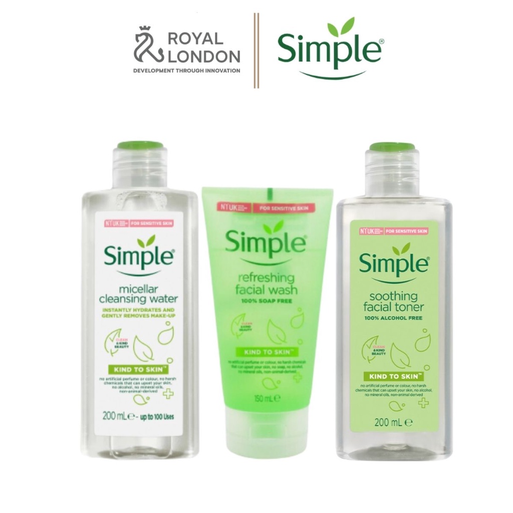 Bộ dưỡng da trọn gói dịu nhẹ Simple (Tẩy trang + Sữa rửa mặt + Toner + Sữa dưỡng) chính hãng