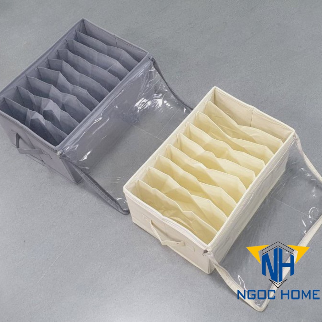 Hộp vải đựng quần áo NGỌC HOME hộp để quần áo, khăn tắm, đồ lót có khóa kéo mặt kính ni lông nhiều ngăn tiện ích