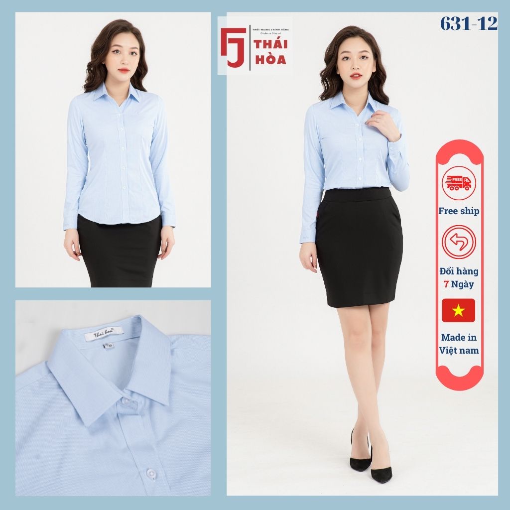 Áo sơ mi nữ đẹp dài tay công sở kẻ tăm caro chìm màu xanh cotton Thái Hoà 631-12-01