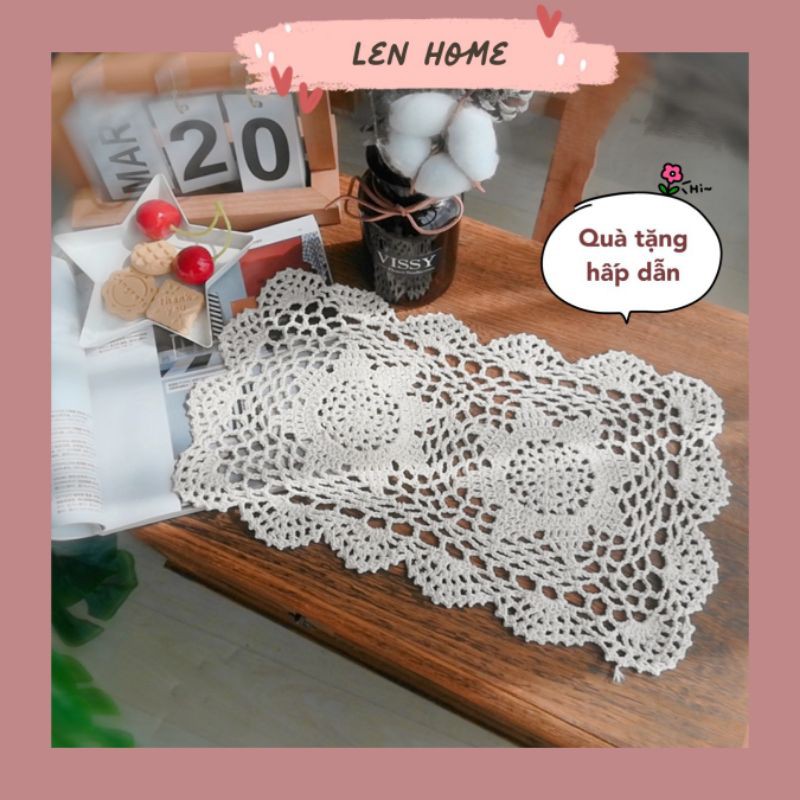 RB/Tấm lót ly cốc bình hoa hình chữ nhật ren móc phòng cách vintage trang trí decor phòng bếp phòng khách bàn trà Âu