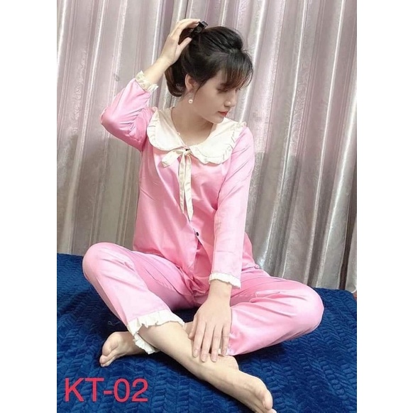 Bộ ngủ lụa cổ phối bèo nơ tiểu thư tay dài quần dài đủ màu - Bộ ngủ lụa bèo nữ - Bộ lụa mặc nhà cao cấp