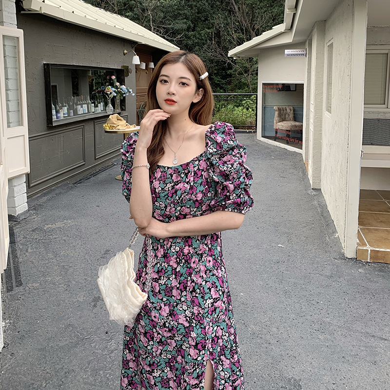 SUXI Đầm Nữ Ngắn Tay Cổ Vuông Họa Tiết Hoa Thời Trang