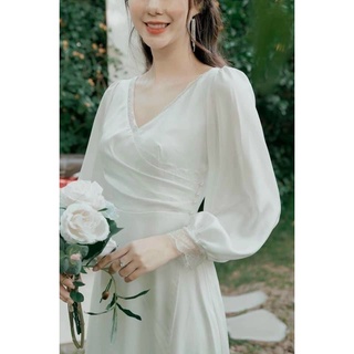 Đầm váy freesize trắng viền ren nút eo