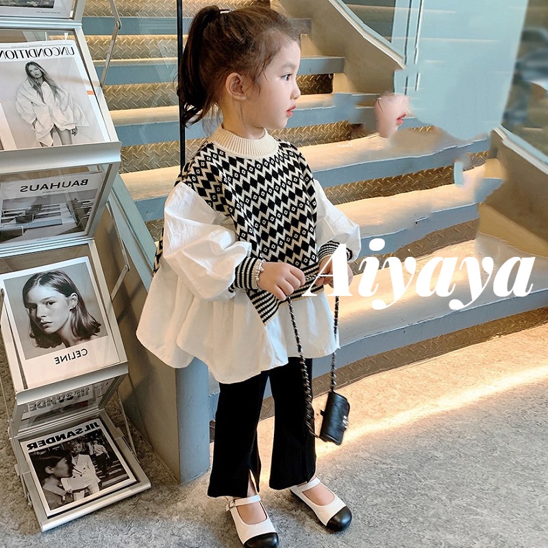 Aiyaya Bộ Áo Sơ Mi Tay Dài + Quần Dài Ống Loe Đen Cho Bé Gái (277)