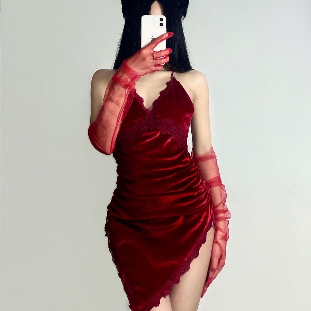 DUNEA Đầm Nhung Cổ Chữ V Phối Ren Quyến Rũ Thời Trang Dành Cho Nữ