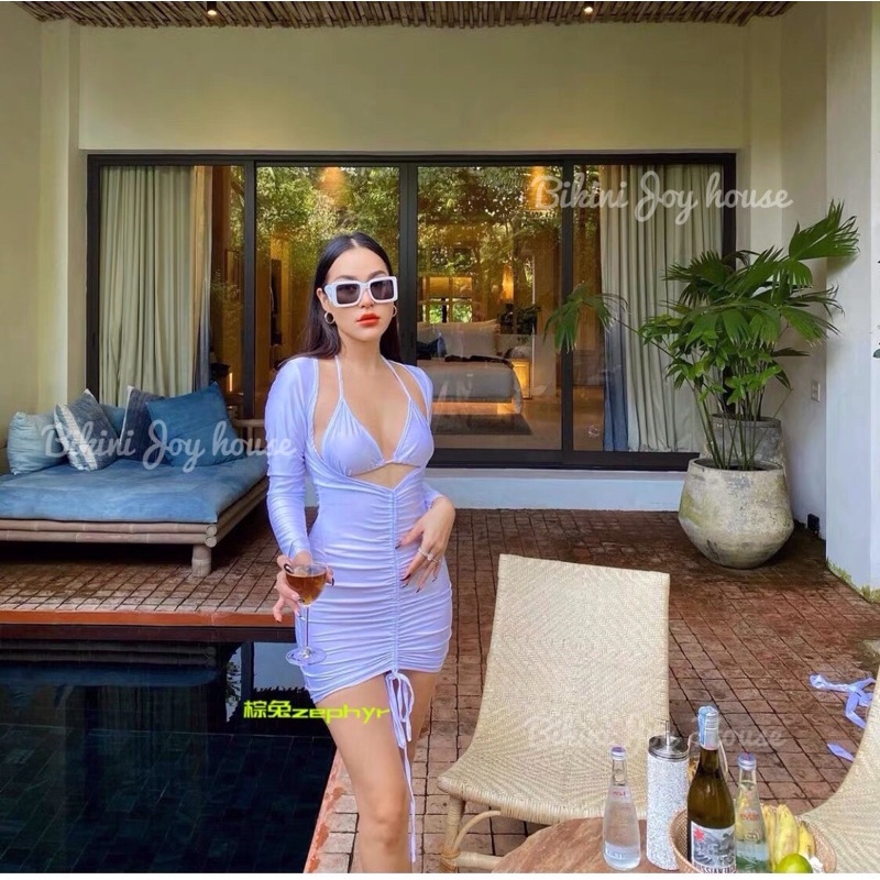 Set bikini 2 mảnh kèm khoác tay dài xẻ ngực nhiều màu