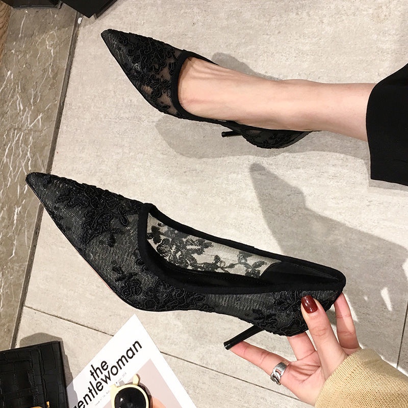 6.5P Giày Cao Gót Mũi Nhọn Phối Ren Lưới Thoáng Khí Thời Trang Mùa Hè Mới Cho Nữ