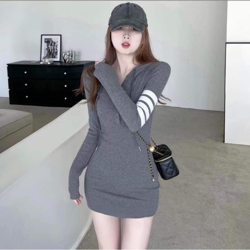 Váy đầm body dài tay có mũ Tabishop dáng ôm sexy chất gân tăm mềm mịn đi tiệc đi chơi