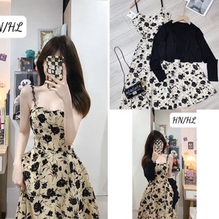Váy 2 Dây Hoạ Tiết Hoa Hồng Đen Hot Nhất TQ,Đầm 2 Dây Kèm Áo khoác Hot Nhất Hiện Nay