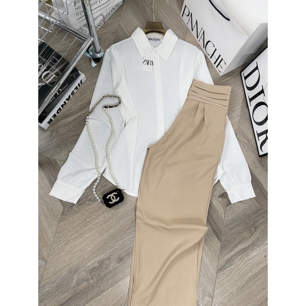 [ 𝐅𝐑𝐄𝐄 𝐒𝐇𝐈𝐏 ] SÉT ÁO SƠ MI TAY DÀI BỒNG MIX QUẦN CẠP LY . CHẤT SƠ MI LỤA QUẦN TUYẾT MƯA Ạ