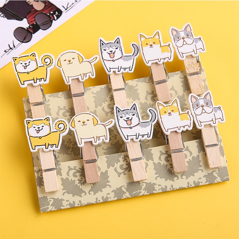 Set 10 Kẹp Giấy Mini Bằng Gỗ Hình Cún Hoạt Hình Thiết Kế Sáng Tạo