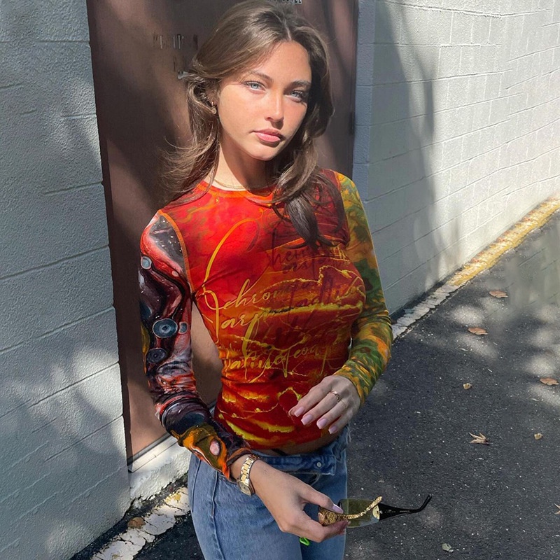 DUNEA Áo thun tay dài cổ tròn in họa tiết thời trang trẻ trung cho nữ