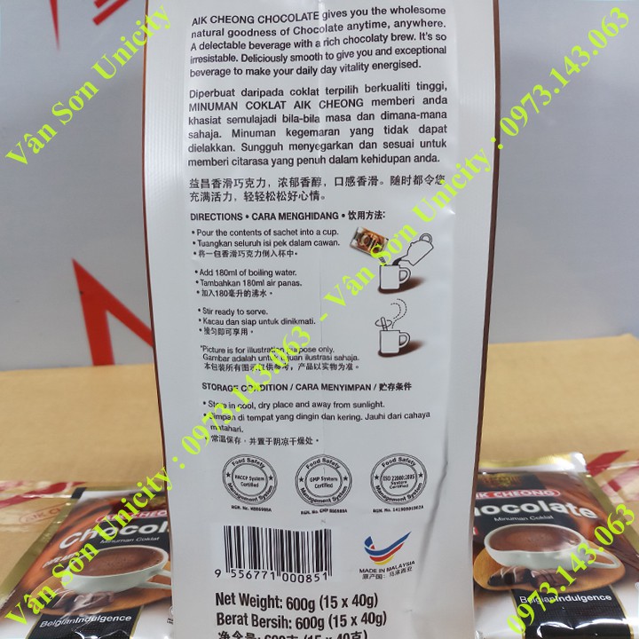 Thức uống Socola (Chocolate) Aik Cheong bịch 600g (15 gói * 40g)