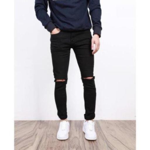 Quần Jeans Nam Rách Gối Đen Trơn,Quần Bò nam Chất Jean Co Dãn Nhẹ
