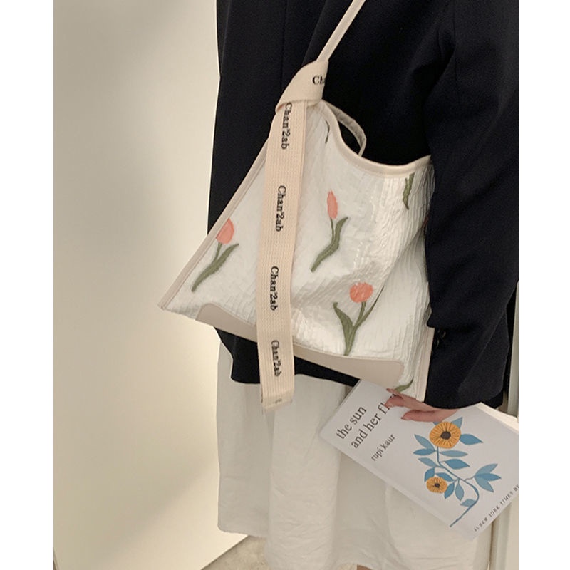 Túi Xách Vải Canvas Cỡ Lớn Họa Tiết Hoa Tulip Xinh Xắn Có 2 Kiểu Lựa Chọn