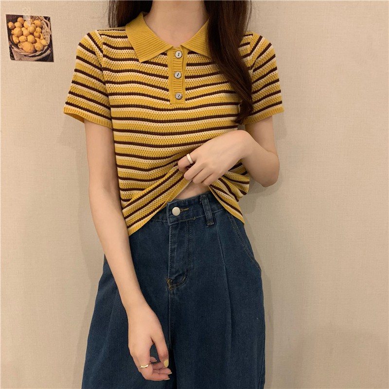 áo polo Tay Ngắn Họa Tiết Sọc Ngang Trẻ Trung Cho Nữ | BigBuy360 - bigbuy360.vn